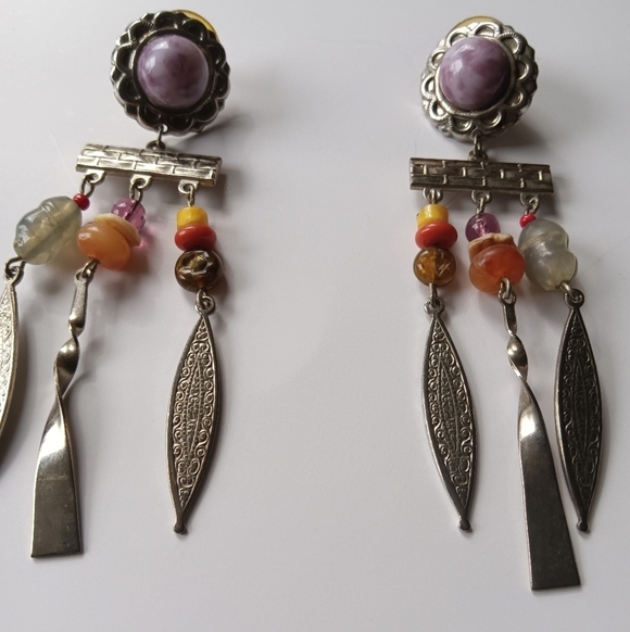 CLEARANCE SALE! Silver and Purple Beaded Dangle Earrings - Picture 3 of 4
